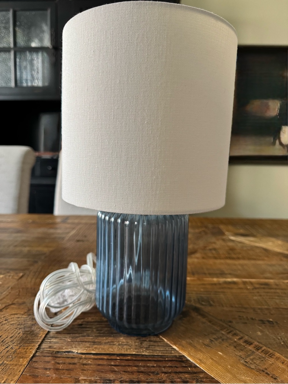 Blue Ribbed Mini Table Lamp w/Cream Shade - Picture 2 of 4